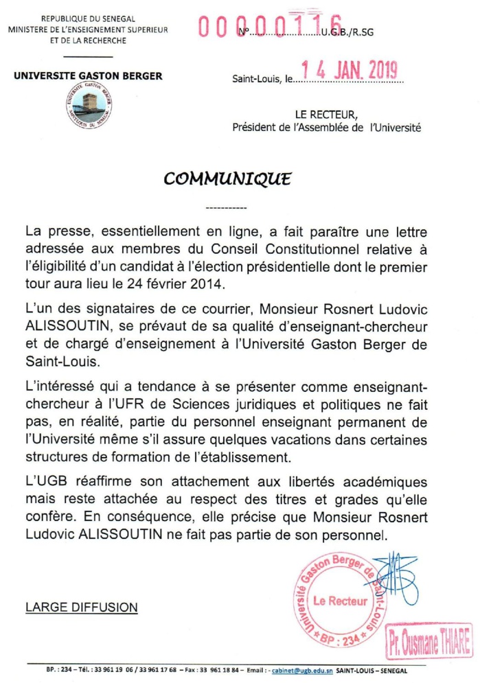 Précision de l'Université Gaston Berger (UGB) : Monsieur Rosnert Ludovic Alissoutin ne fait pas partie du personnel