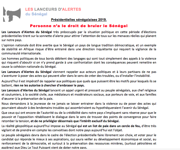 Contribution des Lanceurs d’Alertes du Sénégal pour alerter l’opinion nationale et internationale sur les risques de violence au Sénégal.