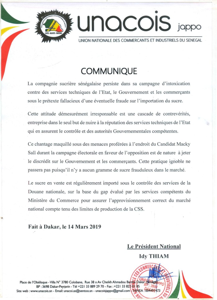 Fraude sur l'importation du sucre: L'UNACOIS Jappo charge la CSS