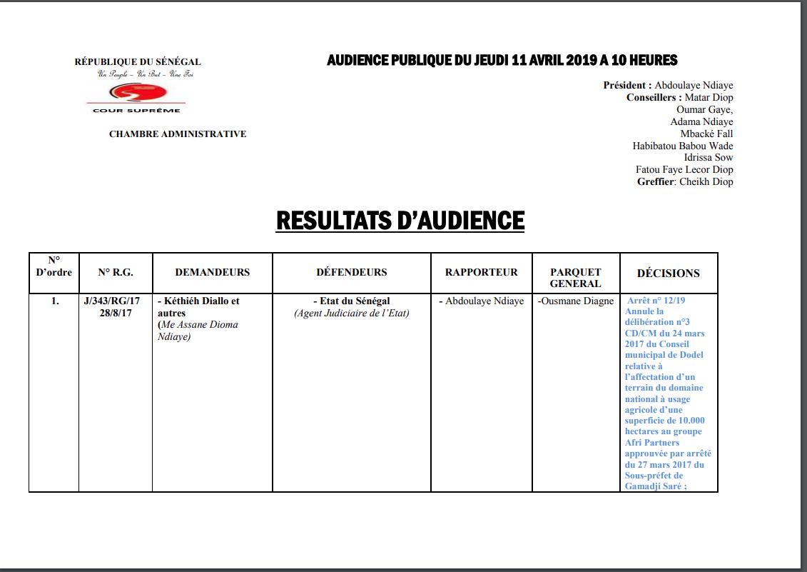 Verdict du procès Etat du Sénégal / Kéthiéh et autres