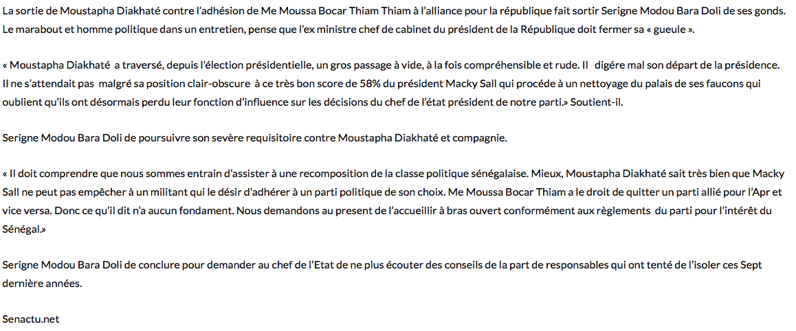 Serigne Modou Bara Doli tire sur Moustapha Diakhaté: "Il doit maintenant fermer sa gueule"