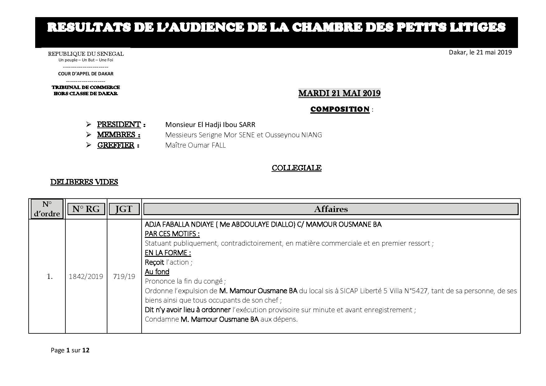 Tribunal de Commerce: délibérés vidés de la Chambre des petits litiges du 21 mai 2019