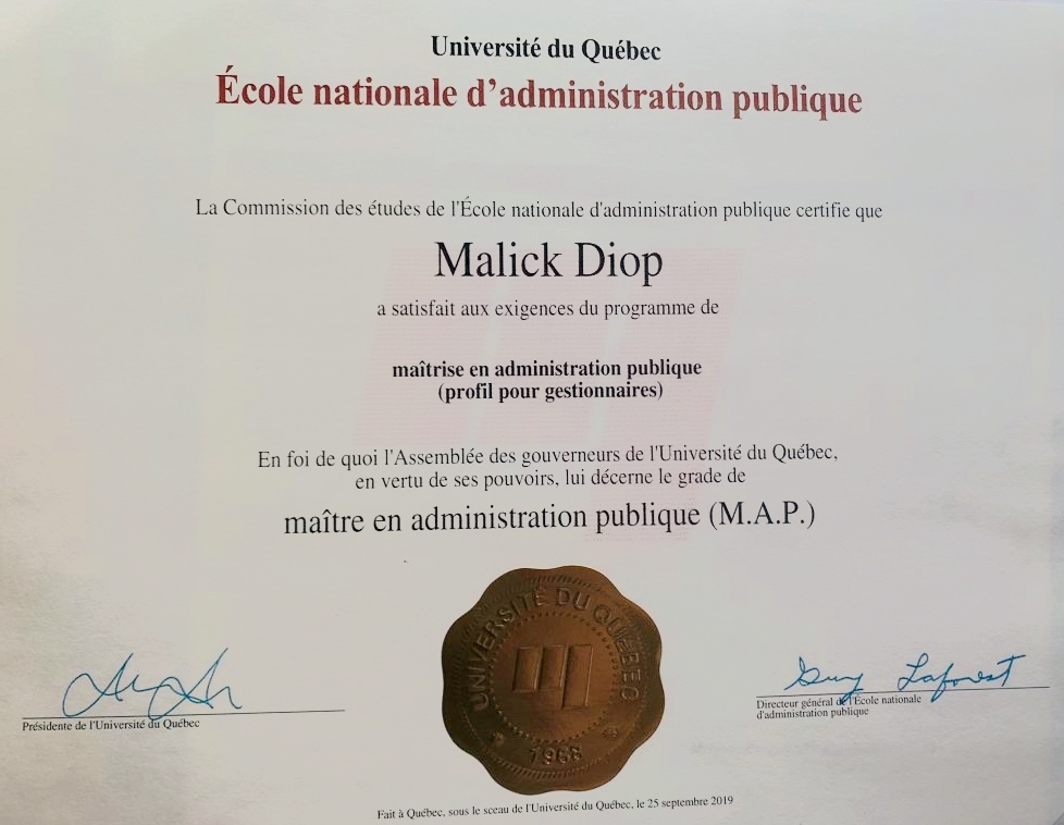 Le Directeur général de l'ASEPEX, Docteur Malick Diop, vient de décrocher son diplôme de Master en Administration publique, dans la prestigieuse Ecole Nationale d'Administration Publique du Canada (ENAP).