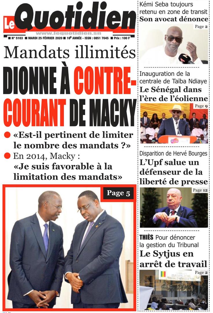 REVUE DE PRESSE: LA UNE DES QUOTIDIENS DU MARDI 25 FÉVRIER 2020