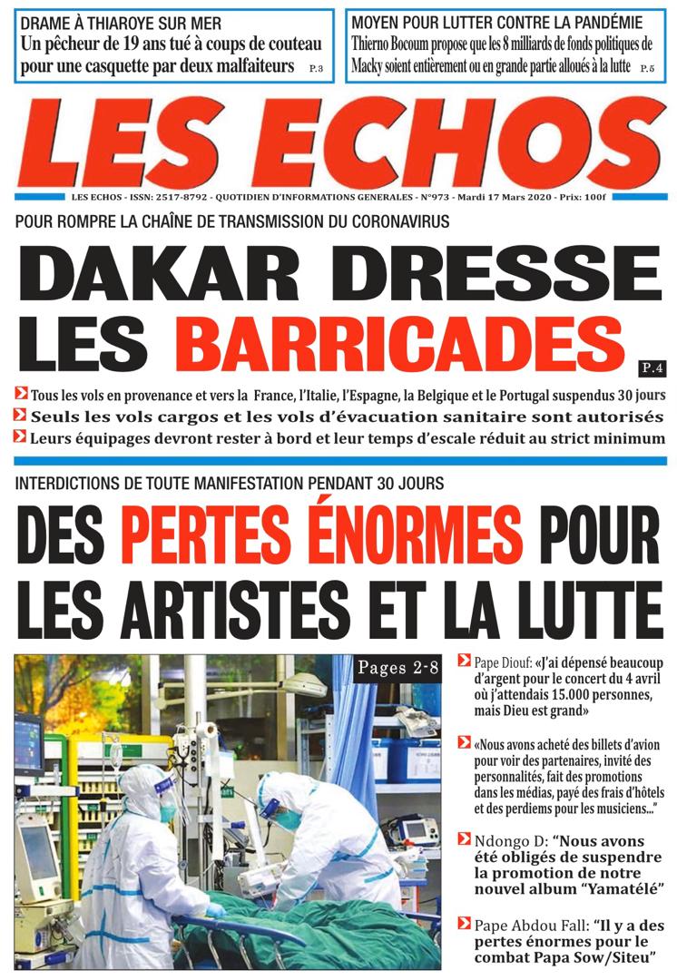REVUE DE PRESSE: LA UNE DS QUOTIDIENS DU MARDI 17 MARS 2020