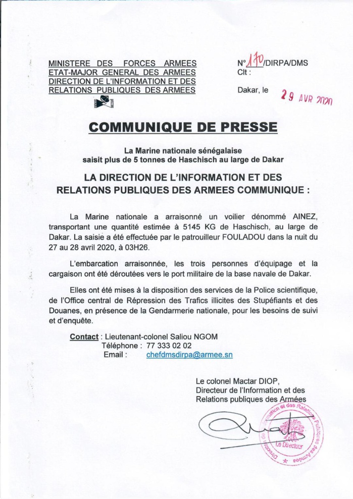 Drogue : La Marine nationale a saisi plus de 5 tonnes de haschich au large de Dakar