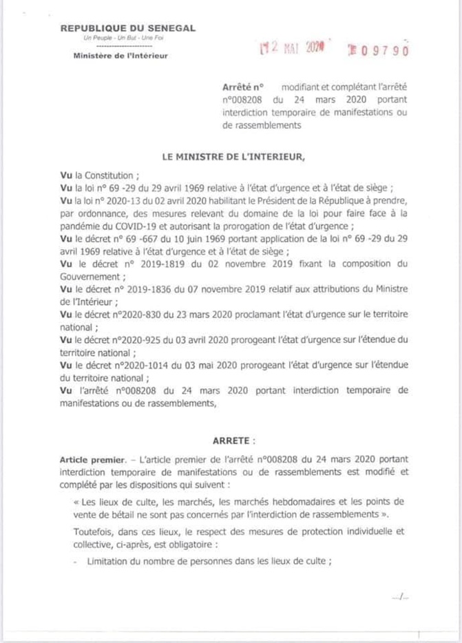 Réouverture des lieux de cultes, des marchés ...: Aly Ngouille Ndiaye sort son arrêté