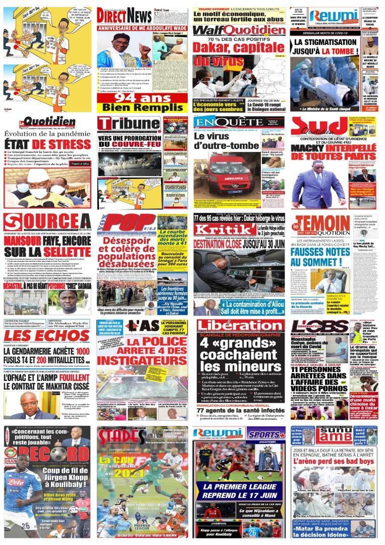 REVUE DE PRESSE: La une des quotidiens du vendredi 29 mai 2020