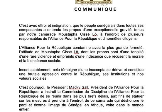 Voici le communiqué de presse du Secrétariat Exécutif National de l’APR suite aux audios de Moustapha Cissé Lô
