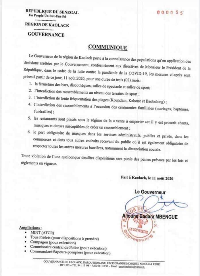 Dernière minute – Le gouverneur de Kaolack vient de prendre de mesures très fortes