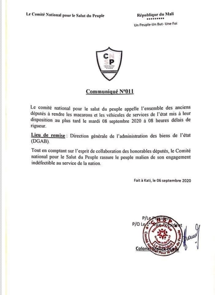 Mali : Le CNSP appelle les désormais ex-ministres et députés à rendre les voitures de fonction.