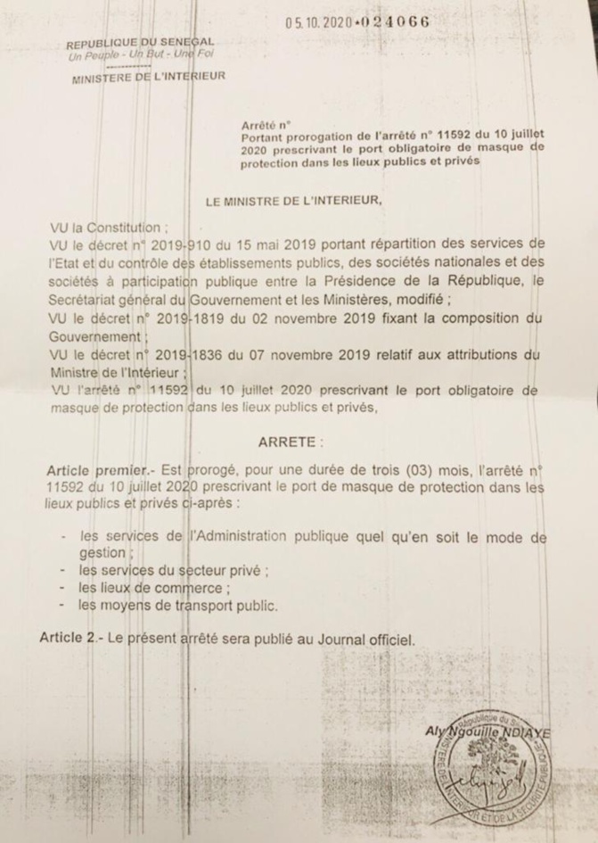 Interdiction des rassemblements dans les lieux publics et port de masque: Aly Ngouille Ndiaye proroge l'arrêté pour 3 mois Le ministre de l'Intérieur, Aly Ngouille Ndiaye, a prorogé les arrêtés interdisant les rassemblements dans certains lieux publi