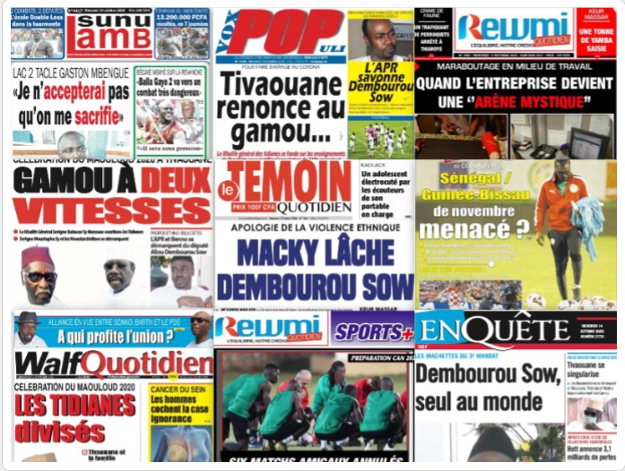 REVUE DES TITRES PAR NABOU A LA UNE DES QUOTIDIENS DU 23 OCTOBRE 2020
