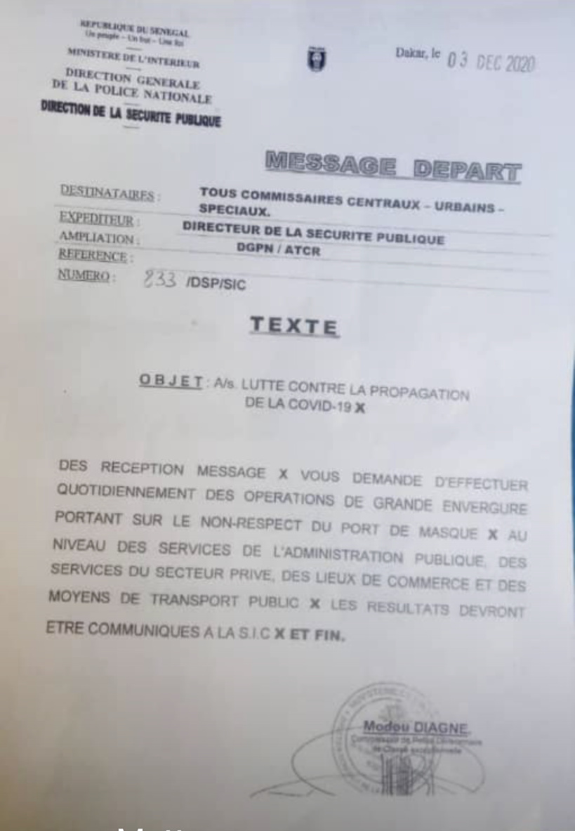 Le Directeur de la Sécurité publique ordonne aux Commissaires de police des opérations de grande envergure sur le Non-respect du port du masque (Document)