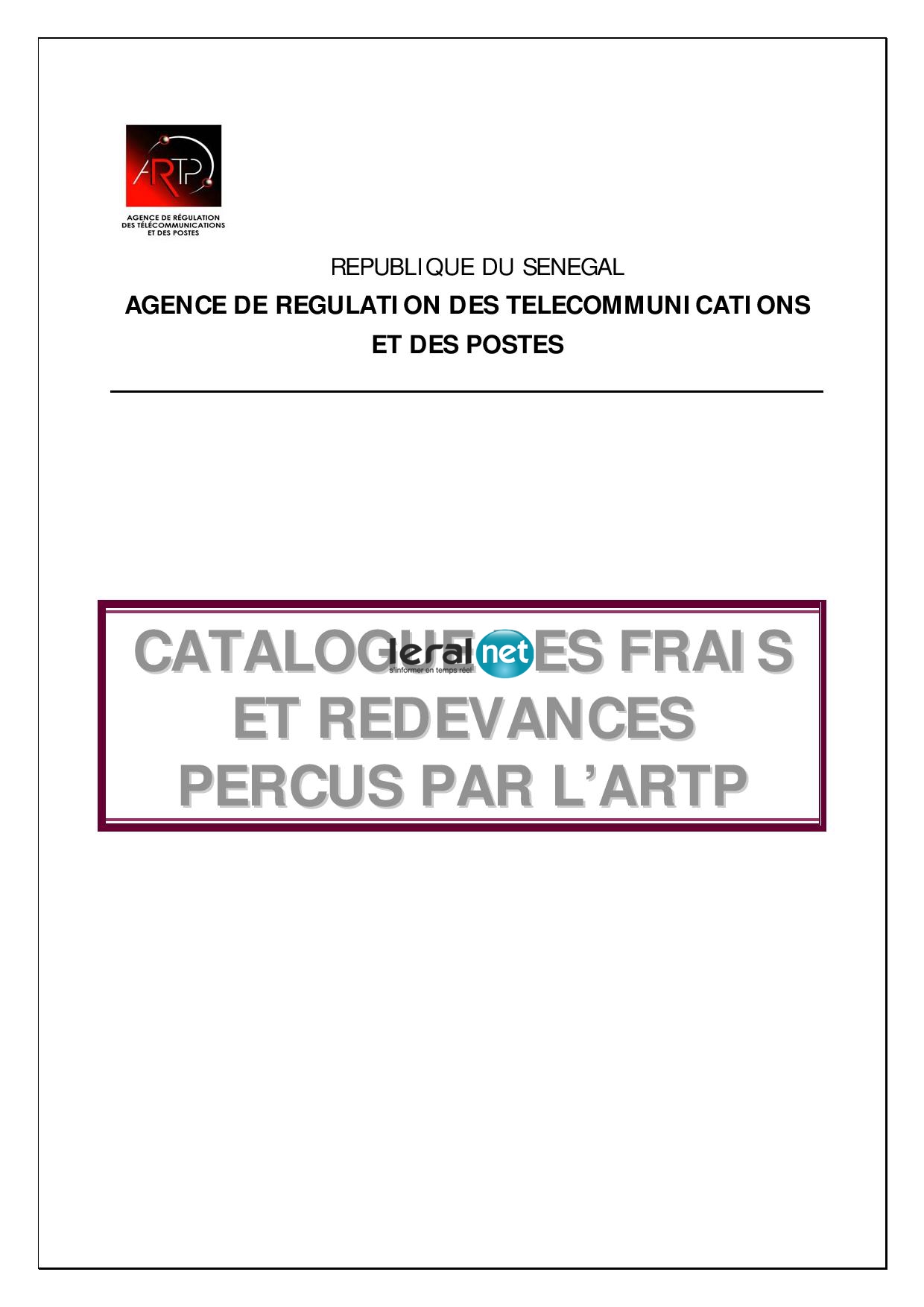 CATALOGUE DES FRAIS ET REDEVANCES PERCUS PAR L’ARTP