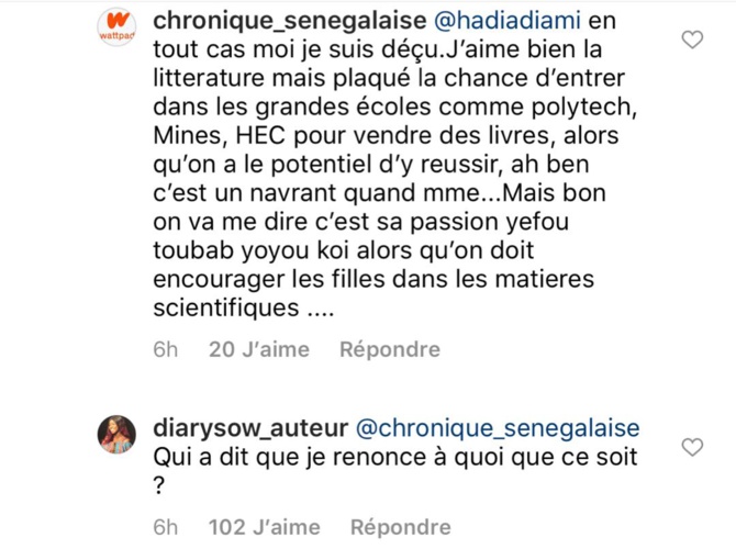 Commentaire sur Instagram: Diary Sow recadre un follower : « Qui t’a dit que»