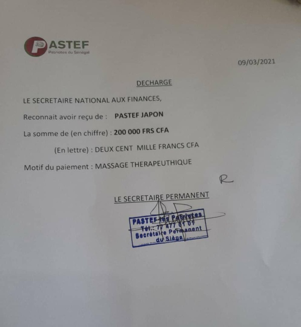 Massage thérapeutique de Ousmane Sonko : Pastef Japon avait réglé la première facture des soins (Document)