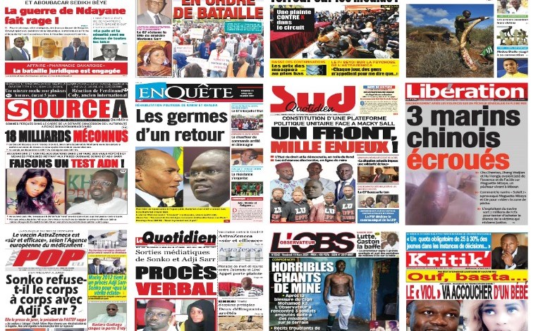 Actu-Kiosque-Les Unes des quotidiens : Sortie d’adji Sarr, polémiques autour d’un viol, menace contre la liberté d’expression, vaccin, Politique…