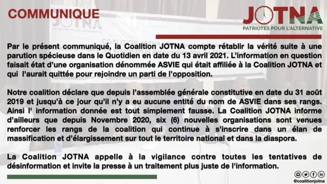 Fake News: La Coalition JOTNA dément avoir dans ses rangs une organisation, dénommée ASVIE