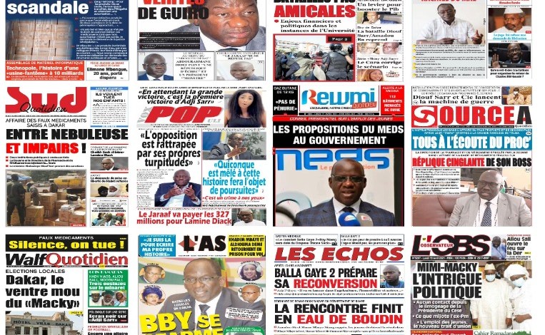 Actu-Kiosque : Les unes des quotidiens : Les révélations sur l’enquête des faux médicaments, le déconfinement de BBY, l’échec sur l’emploi des jeunes, Gana Gueye au Réal…
