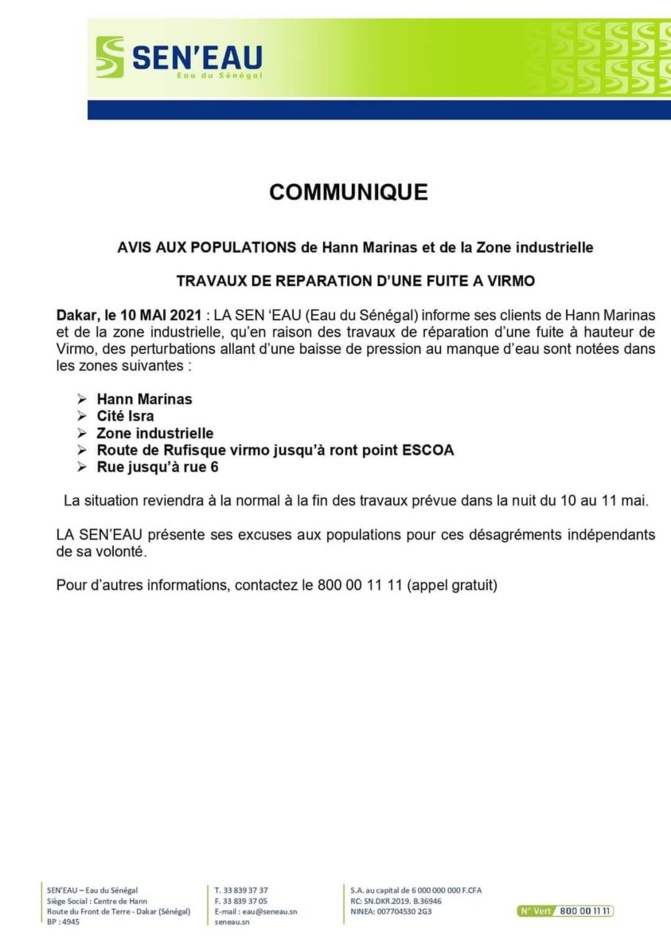 Distribution de l'eau: Sen'Eau annonce des perturbations dans certaines zones Distribution de l'eau: Sen'Eau annonce des perturbations dans certaines zones