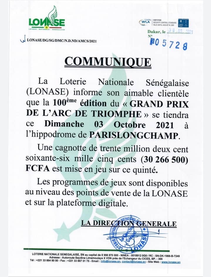 COMMUNIQUE LONASE: 100eme éditions "Grand Prix Arc de Triomphe.