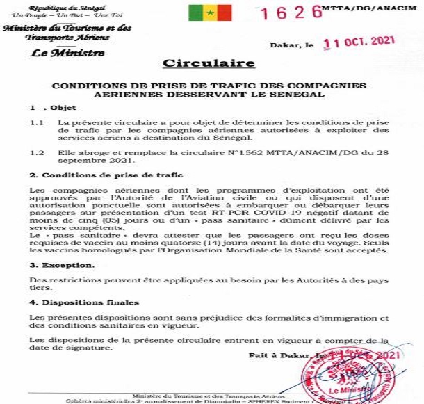 Trafic des compagnies aériennes desservant le Sénégal : les conditions de reprise et ses restrictions pouvant être appliquées à des pays tiers