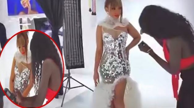 Préparation du tournage clip de Viviane Chidid en studio toute rayonnante dans sa belle robe(Vidéo)