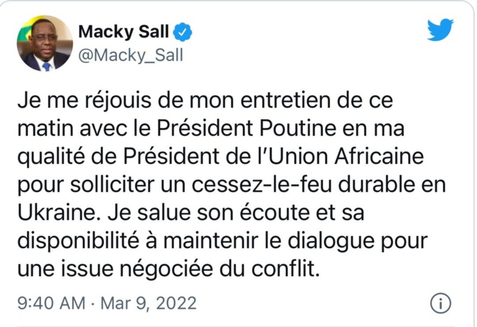 Le tweet de Macky Sall sur Poutine: Un cessez-le-feu proposé par le Président de l'Union africaine