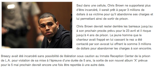 Chris Brown prêt á payer 3 millions de Dollars pour sortir de prison !