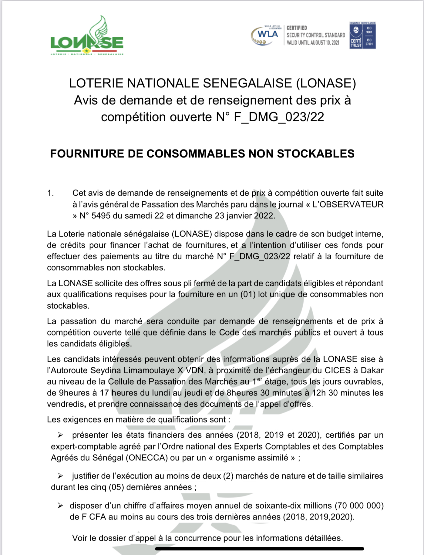 LONASE. AVIS de demande et de renseignement des prix à compétition ouverte F DMG 023/22