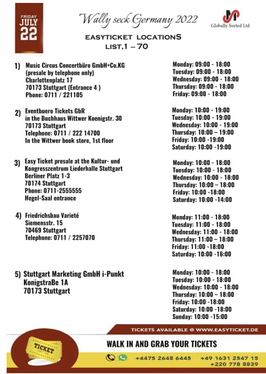 Wally Seck à Stuttgart ce 22 juillet au PORCHE ARENA . Voici les points de ventes des tickets pensez déjà à acheter vos billets