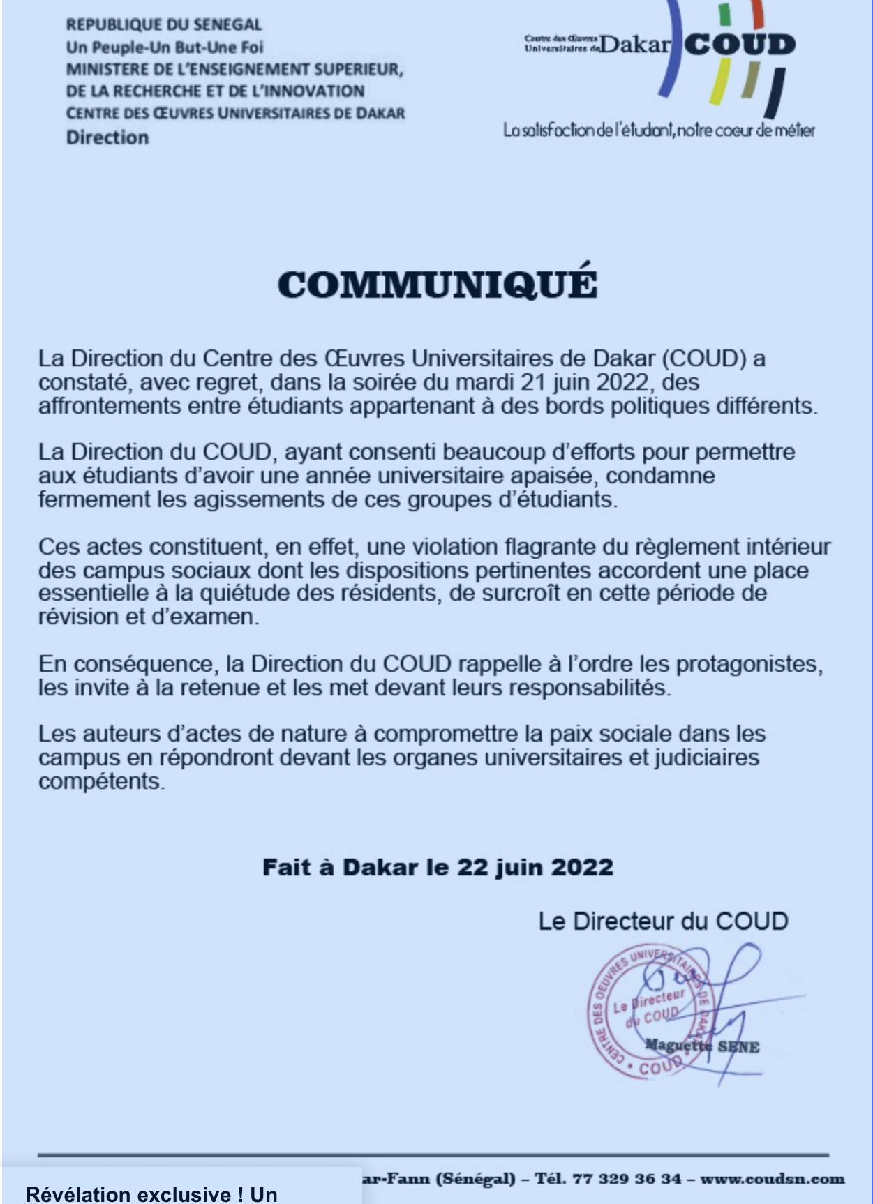 Affrontements entre étudiants : La direction du COUD brise le silence et condamne fermement les agissements de ces groupes …