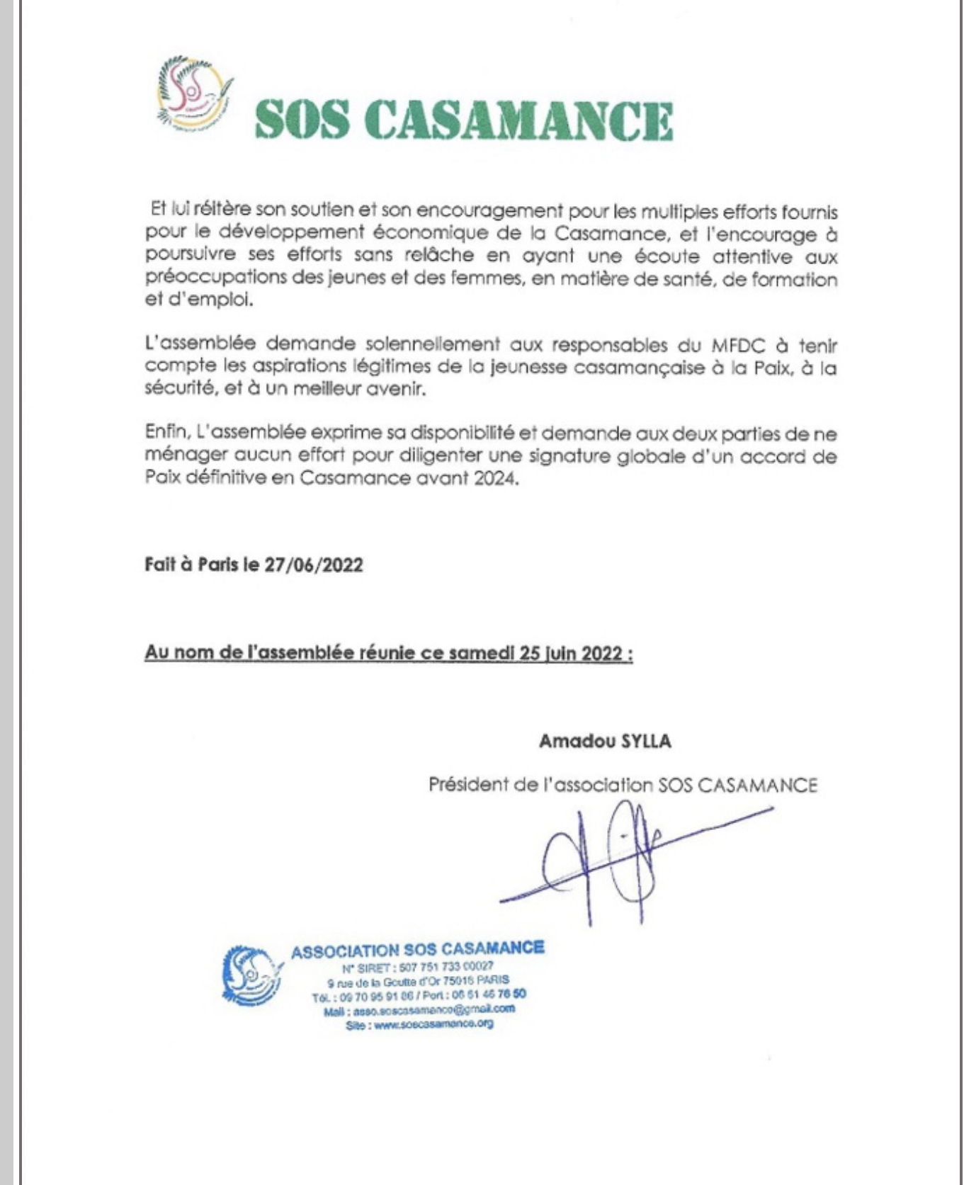 Crise en Casamance : L’appel de Paris de l’Association SOS Casamance