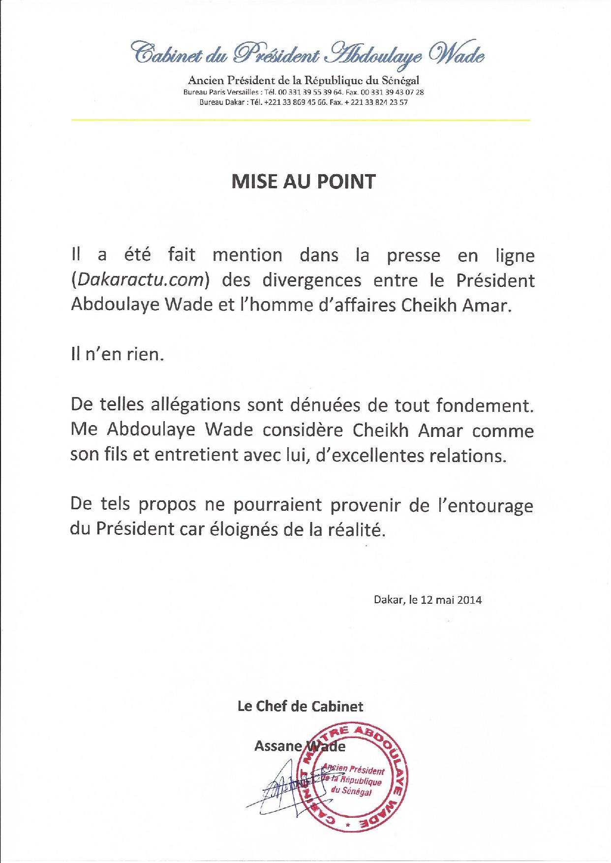 Document - Conflit Serigne Diagne - Cheikh Amar, Wade s'en mêle et prend la défense du milliardaire !