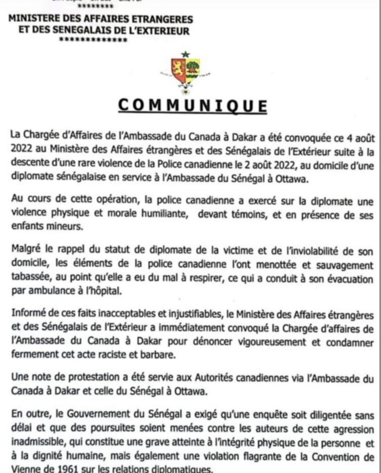 Descente de la police canadienne à son domicile : Une diplomate sénégalaise "menottée et sauvagement tabassée"