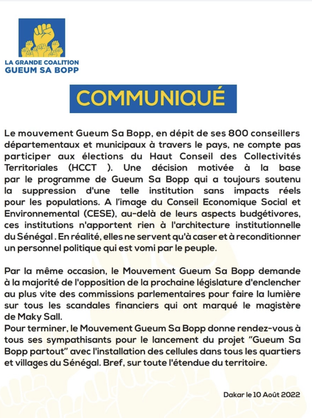 ​Gueum Sa Bopp crache sur le HCCT et demande aussi la suppression du CESE