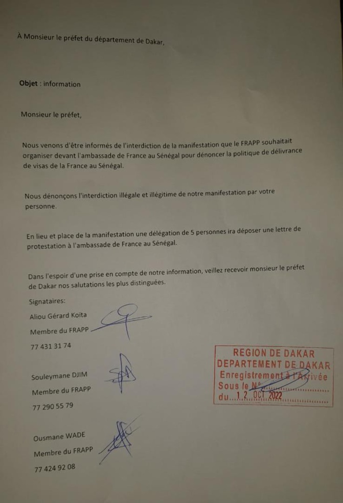 Mafia des visas: Le Préfet de Dakar interdit la manif devant l'Ambassade de France, ce que compte faire le Frapp