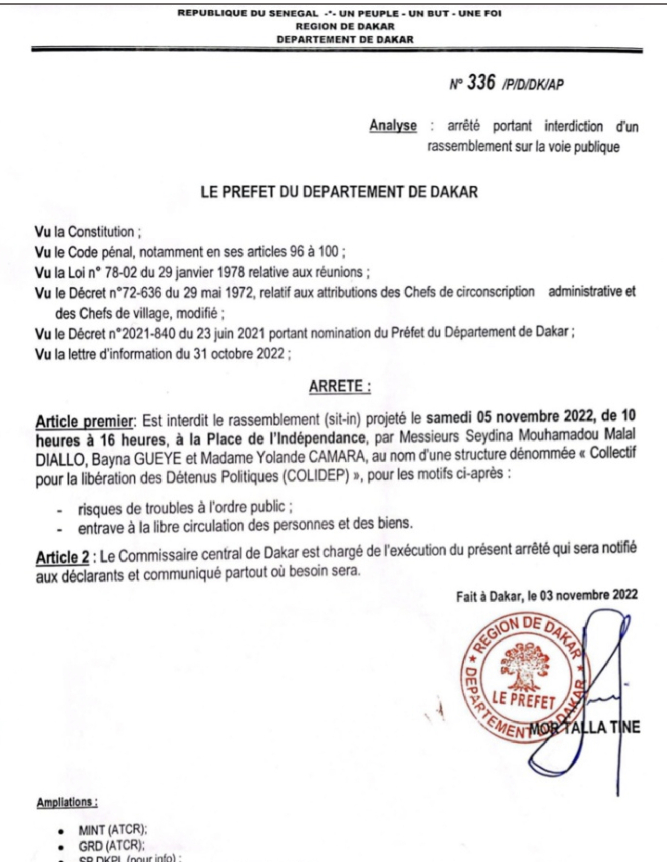 Marche pour la libération des "détenus politiques" ce samedi : Le Préfet de Dakar dit niet, pour "troubles à l'ordre public"