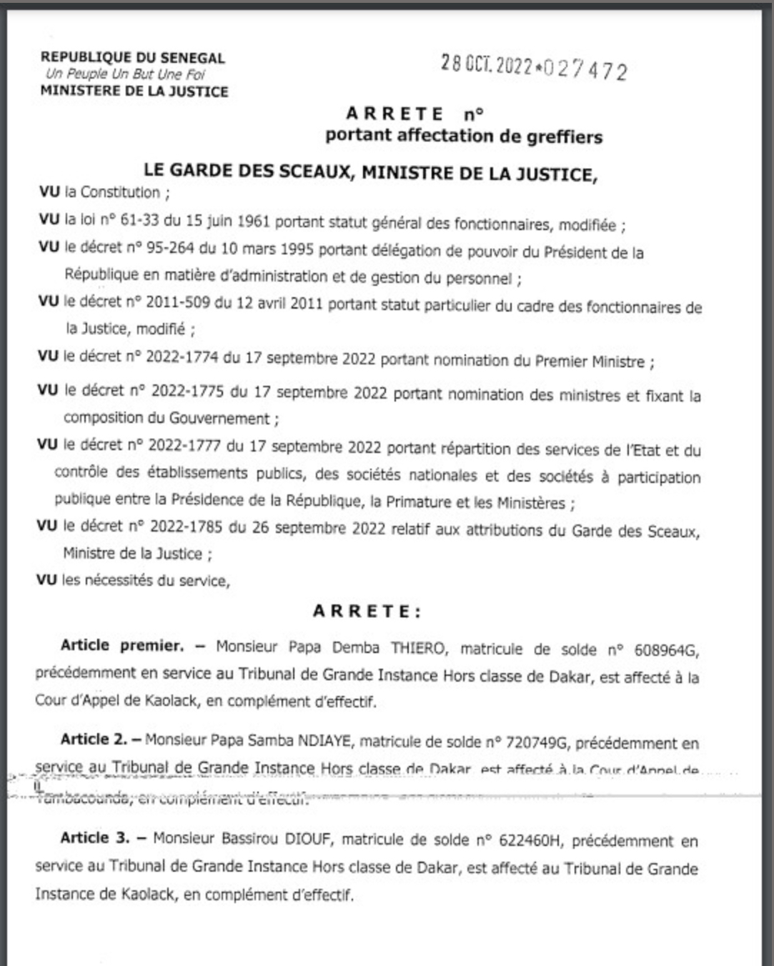 Affaire Adji Sarr - Ousmane Sonko : Pourquoi le greffier du Doyen des juges, a été affecté à Kaolack (Document)