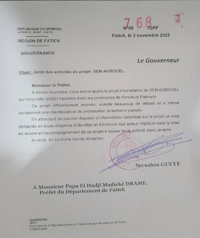 Projet d'installation de Sen Agrocel à Fimela et Palmarin : Le gouverneur de Fatick demande l’arrêt des activités du projet