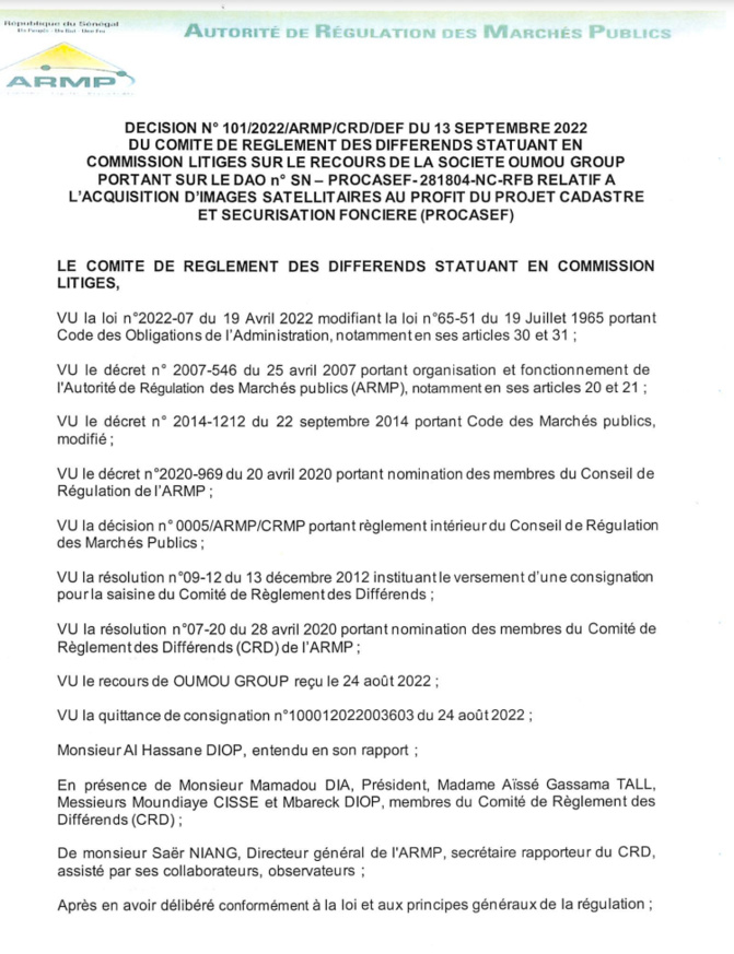 PROCASEF/ Marché pour l'acquisition d'images satellitaires: L'ARMP rejette le recours de Oumou Group (Document)