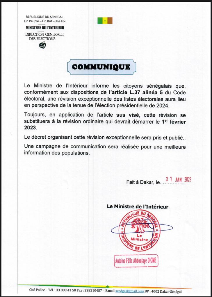 Présidentielle 2024 : Le ministre de l’Intérieur annonce la date de démarrage de la révision des listes électorales