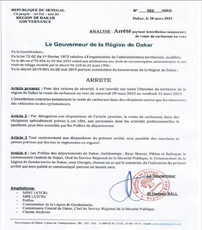 Interdiction de la vente de carburant au détail : Gouverneur de Dakar reconduit la mesure du 29 au 31 mars