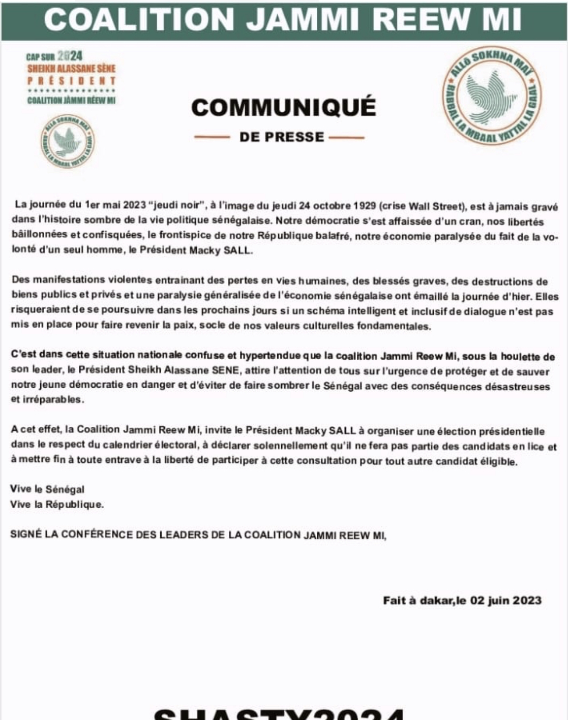 Communiqué COALITION JAMMI REEW MI de Sheikh ALASSANE SENE