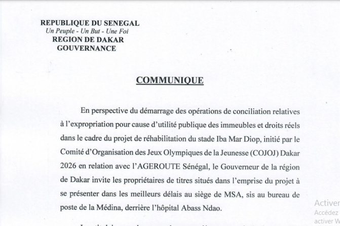Cojoj Dakar 2026: Les propriétaires de titres sur l’emprise du Stade Iba Mar Diop, invités à se signaler au siège du MSA