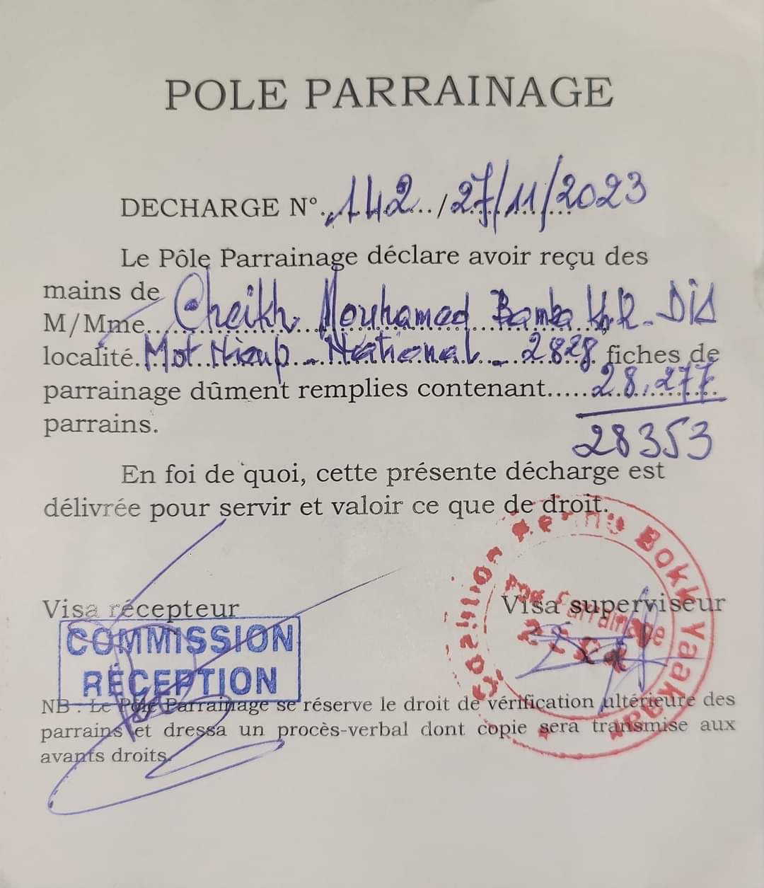 Parrainage-Khadim Dia Président du mouvement « Nieup »,décroche 28.353 parrains en faveur d’Amadou Ba