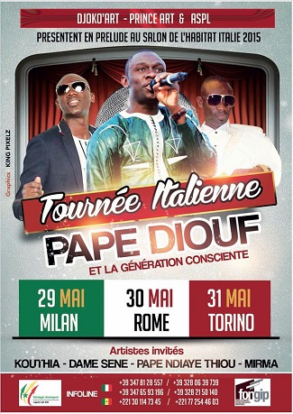 Pape Diouf et la génération consciente s'envolent pour une tournée Européenne: 22 et 23 Mai en Angleterre, 24 Mai  Metz en France et 29 30 et 31 Mai en Italie.