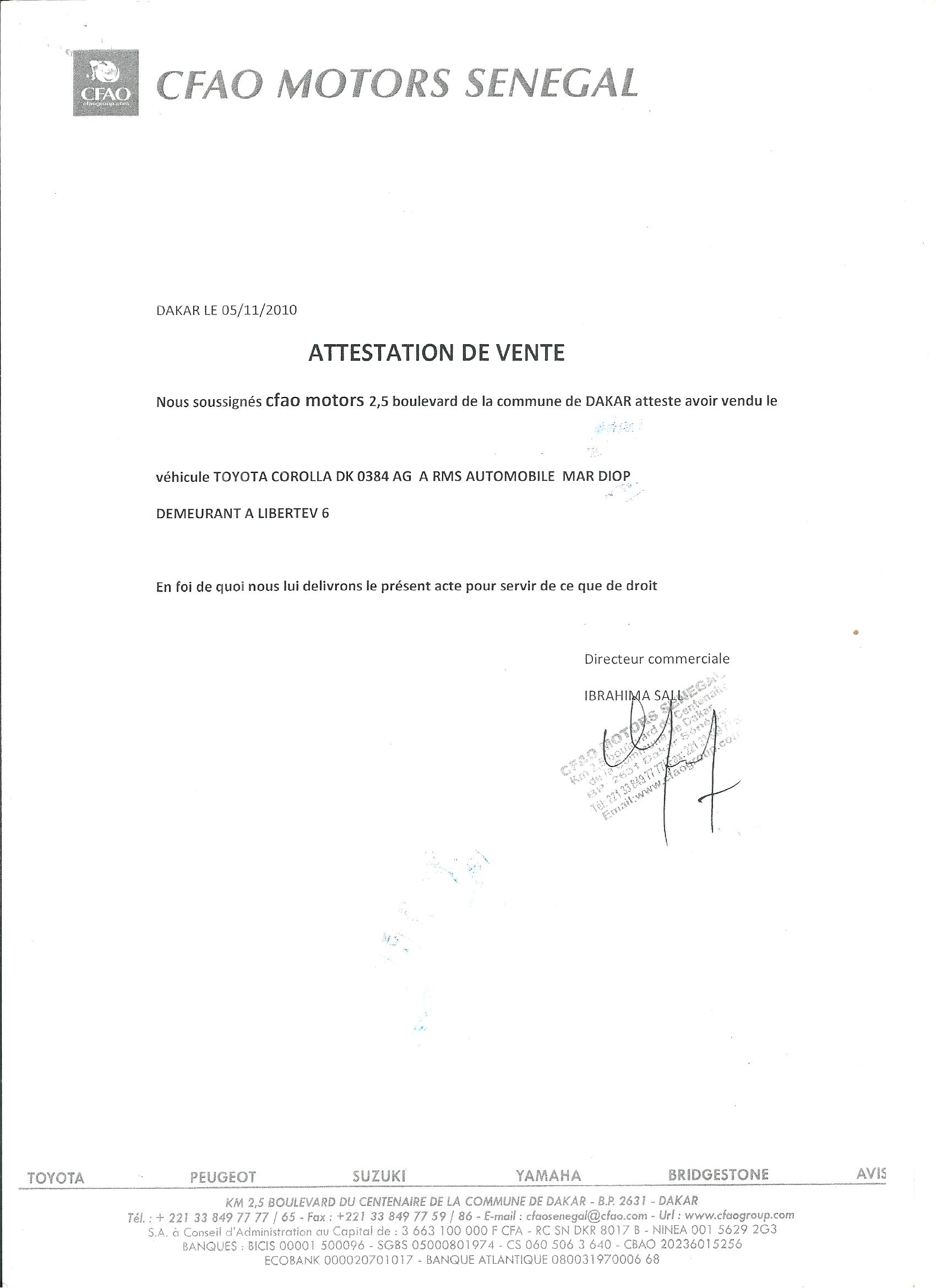 Détournement de véhicules d'une valeur de 300 millions à CFAO Motors Sénégal : Voici les attestations de vente délivrées à Rms Automobile