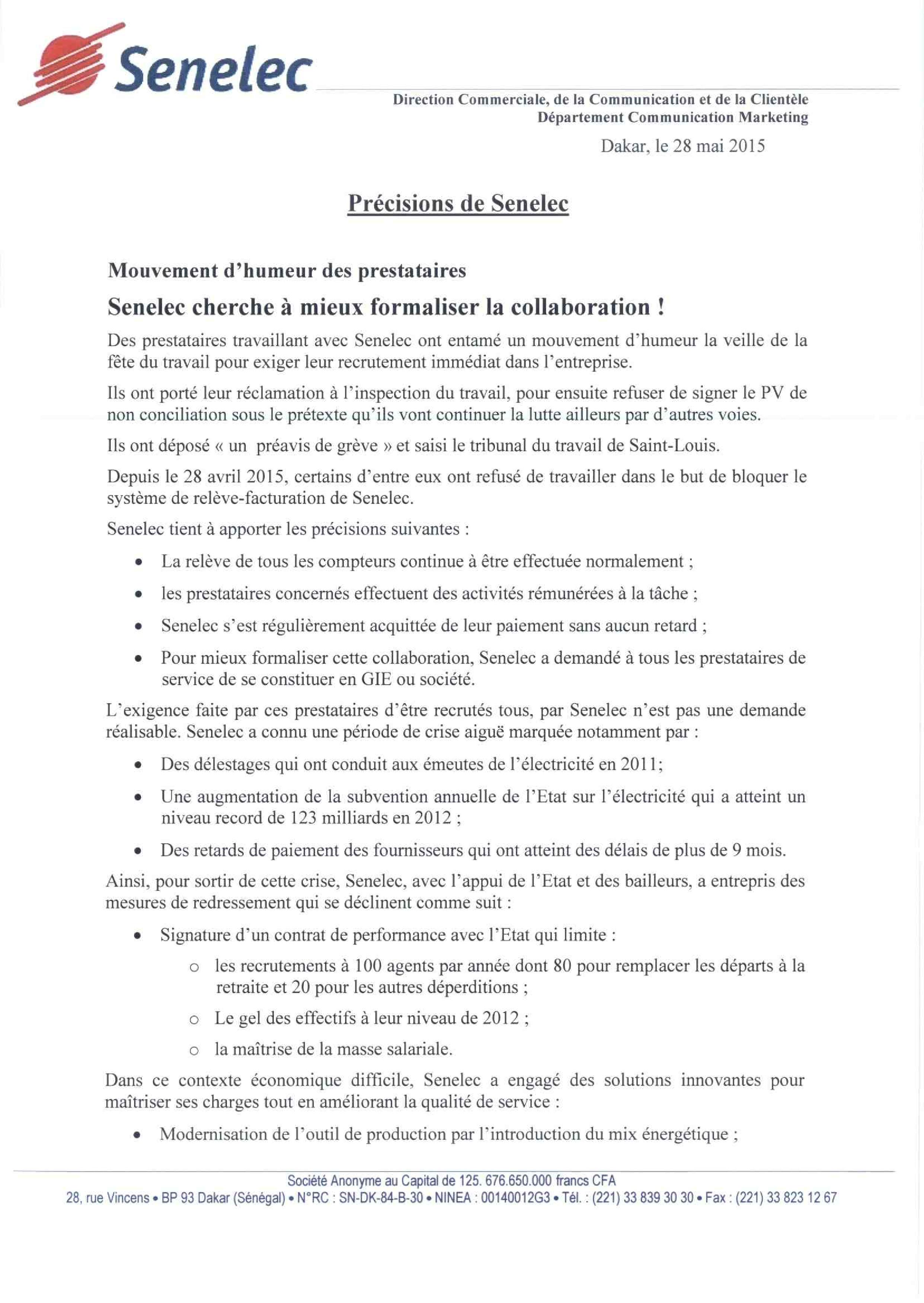 Précisions de Senelec sur le mouvement d'humeur des prestataires